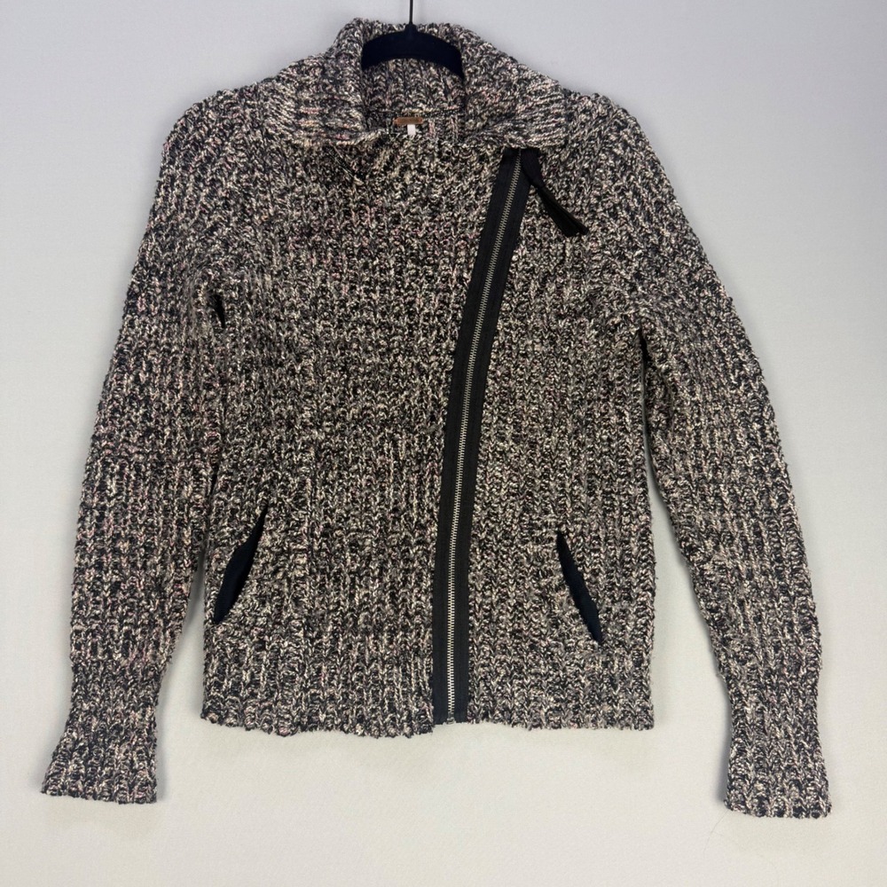Free People Ribbed Knit Moto Jacket Cardigan Sweater Asymmetrical Zipper Size XS